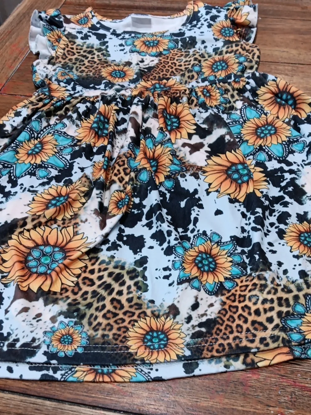 Girls' Sunflower & Leopard Print Dress - Yellow Turquoise